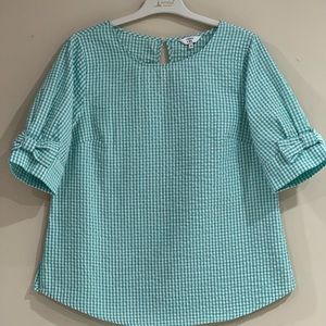 Women’s White Green chekered Short Sleeves Blouse Size Small